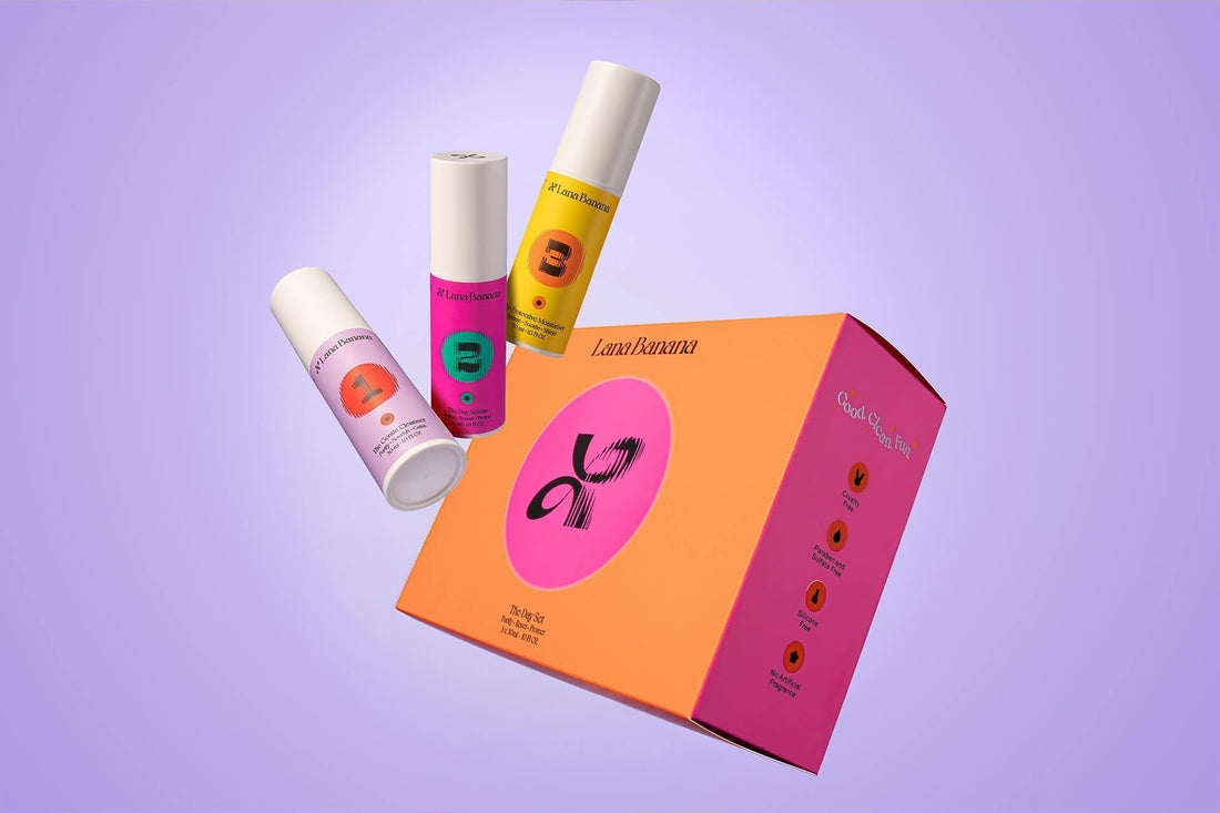 Lana Banana Day Set featuring three vibrant skincare products, highlighting the No. 2 Day Serum enriched with Niacinamide to visibly brighten, smooth, and strengthen skin.